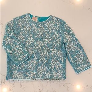 Vintage turquoise/white sequin beaded wool sweater